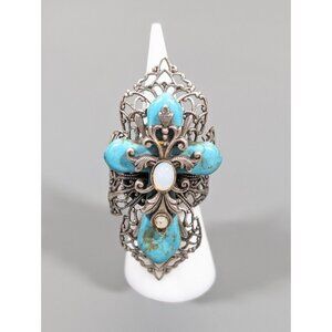 Ollipop Faux Turquoise Stone Ornate Cross Wide Open Band Cocktail Ring Size 6